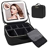 RRtide Travel Makeup Bag with Mirror of LED Lighted, Makeup Train Case with Adjustable Dividers, Mak