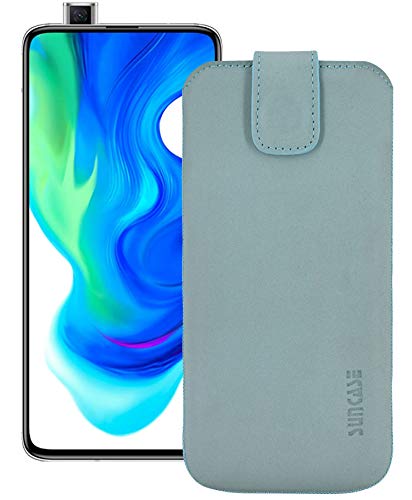 Suncase ECHT Ledertasche Leder Etui *Slim-Edition* kompatibel mit Xiaomi Poco F2 Pro (mit Rückzugsfunktion & Magnetverschluss) in antik-türkis