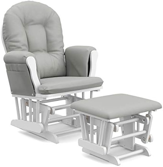 Storkcraft Premium Hoop Glider and Ottoman (White Base, Light Gray Cushion) – Padded Cushions with Storage Pocket, Smooth Rocking Motion, Easy to Assemble, Solid Hardwood Base