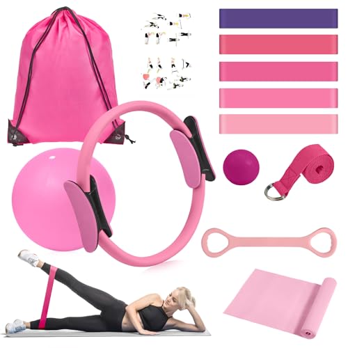 HASHMUST Pilates Equipment for Women Home Workout, Pilates Kit Ring and Ball Set with Pilates Ring, Resistance Bands, Massage Lacrosse. Full-Body Fitness Set for Toning Arms, Thighs Legs & Core, Pink by HASHMUST - Used condition - US$17.69