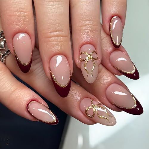 24pcs Red French Tip Press on Nails Medium Almond Fake Nails with...