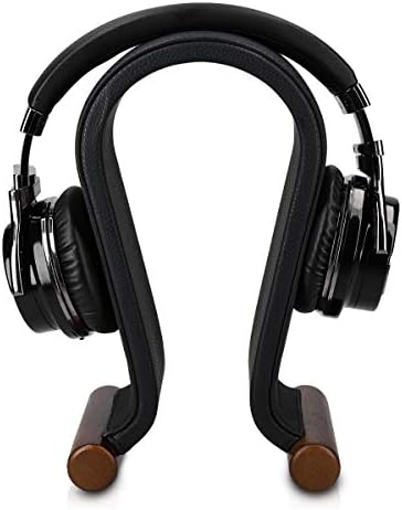 Navaris Omega Headphone Stand - Synthetic Leather Headset Hanger with Wooden Base - Holder for Wired, Wireless, Gaming, DJ, Studio Headphones - Black