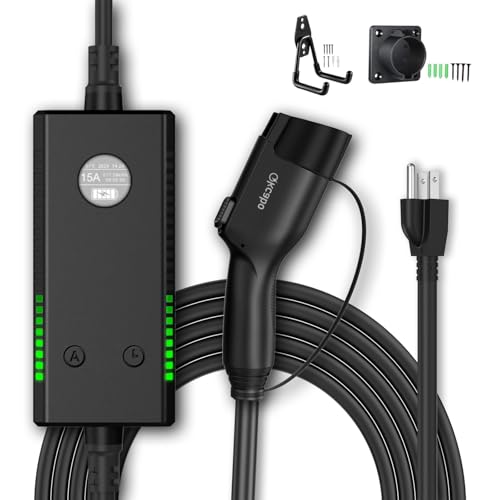 Qkcabo 15A 電気自動車EV充電ケーブル 100-240V対応 6/8/10/13/15A電流調整可能の家庭用PHV/EV充電器 SAE J1772 ポータブル充電器長 5メート100Vプラグのサムネイル