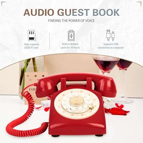 Image of Audio Guest Book Wedding Phone,32GB Memory Customized Audio Messages, Volume Adjustable, with Message Replay Feature, Suitable for All Kinds of Party(Red+Golden Sign)