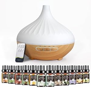 AESHORY 500ml Aroma Diffuser Mit 12 x 5ml Ätherische Öle, Ultraschall Aromatherapie Diffuser Luftbefeuchter, 7 Farbigem LED Licht, 4 Timer, Fernbedienung