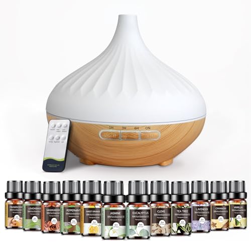 AESHORY 500ml Aroma Diffuser Mit 12 x 5ml Ätherische Öle, Ultraschall Aromatherapie Diffuser Luftbefeuchter, 7 Farbigem LED Licht, 4 Timer,...