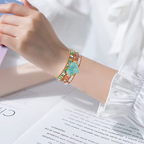 Plumiss Handmade Mixed Natural Amazonite Heart Stone Crystal 3 Strands Wraps Boho Statement Women Bracelets #TOP1