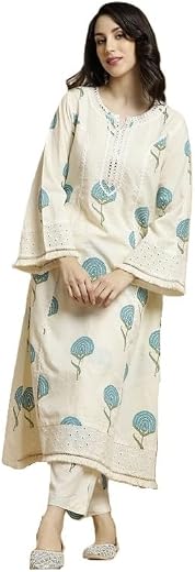 Fabyuti Pure Cotton Floral Print Embroidery Work Kurta and Pants with Schiffli Work on Neck