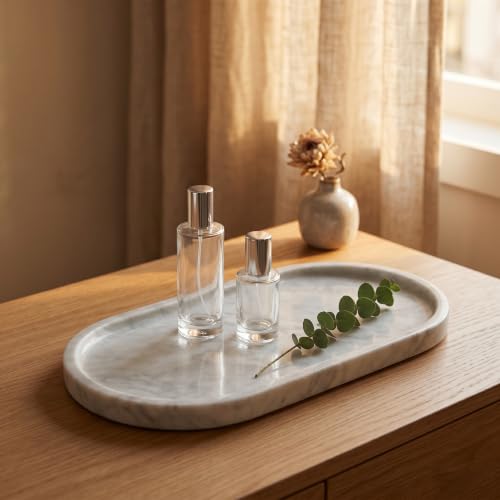 YKAJO-Carrara-White-Gray-Oval-Marble-Tray-118x59-Perfume-Organizer-Dish-Honed-natural-stone-holds-jewelry-rings-keys-candles-trinkets-for-dresser-nightstand-bath-counter