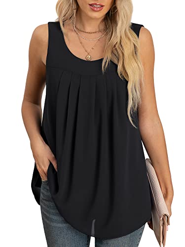 Quezhu Sleeveless Tops For Women Casual Summer Round Neck Chiffon Tank Tops Loose Flowy Summer Blouse,Black,Large #TOP15