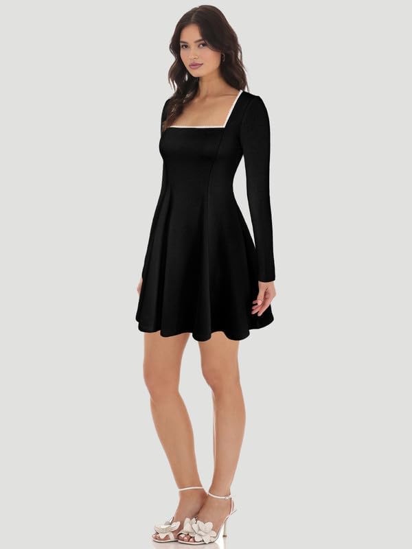 ADEWEL Women's Square Neck Ruffle Hem Mini Dress Long Sleeve A Line Pleated Dress for Women Corset Short Party Dresses - Image 5