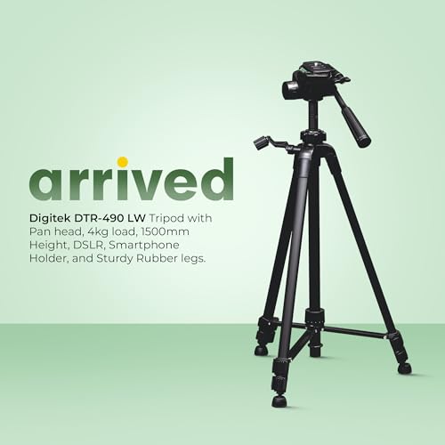 Image of Digitek (DTR 490 LW) Foldable Tripod Stand with Smartphone Holder, Pan Head & Quick Release Plate, 4.92ft Max Height, 4kg Load, Rubberised Legs, 3-Section Adjustable for DSLR & Smartphones