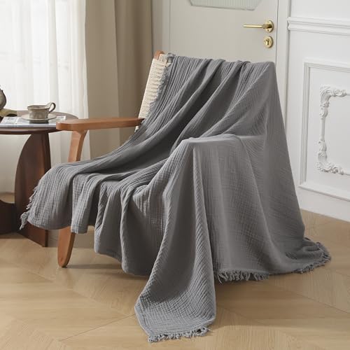 KyraHome 100% Organic 50"x60" Muslin Blankets for Adults, Women, Kid, Pre-Washed Plant Dyed, Breathable Soft Lightweight Gauze Cotton Throw Blanket for Couch, All Season (Dark Grey)