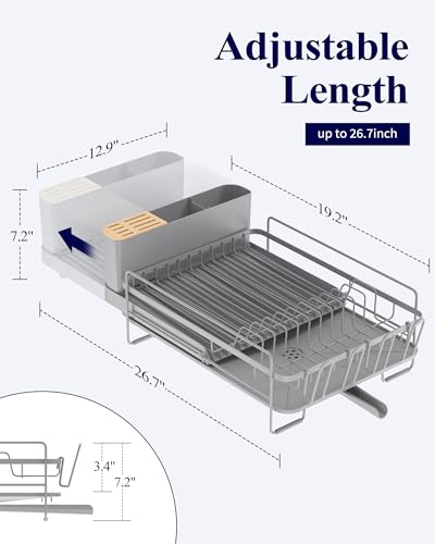 Kitsure Large Dish Drying Rack - Extendable Dish Rack, Multifunctional Dish Rack for Kitchen Counter, Anti-Rust Dish Drainers with Cutlery & Cup Holders 19.2"-26.7" L x 12.9" W, Grey