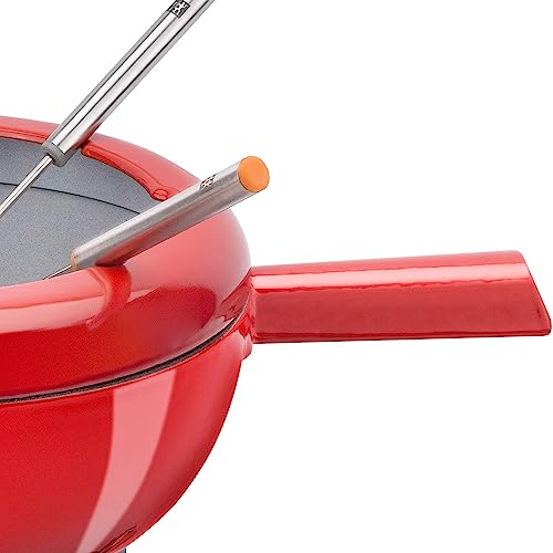 Zwilling Cherry Enamel Fondue Set - Cast Iron Pan for Swiss Cheese & Chocolate, with 6 Forks & Splash Guard, Compatible with All Hobs - Image 4