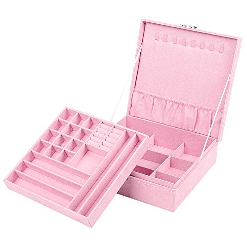 NEX Jewelry Box Organizer, 2 Layers Lint Jewelry Display Storage Case with Lock for Girls and Women(PINK)