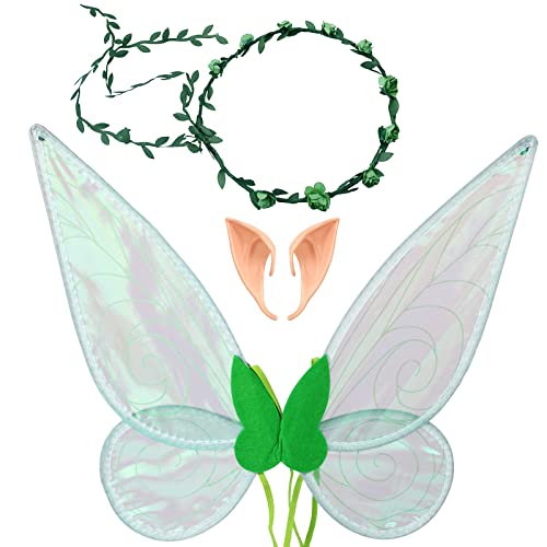 BBXWANG Costume de fée, ailes de fée roses et bandeau oreilles d'elfe (vert) Cover