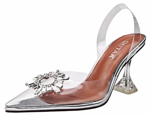 Women Clear Heels Shoes Pointed Toe Slingback High Heel Sandals Crystal Rhinestones Party Wedding Pumps Shoes