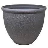 Garden Elements TerraStone Smooth Round Planter, Greystone,16in - Classic Indoor/Outdoor Flower Pot with Drainage