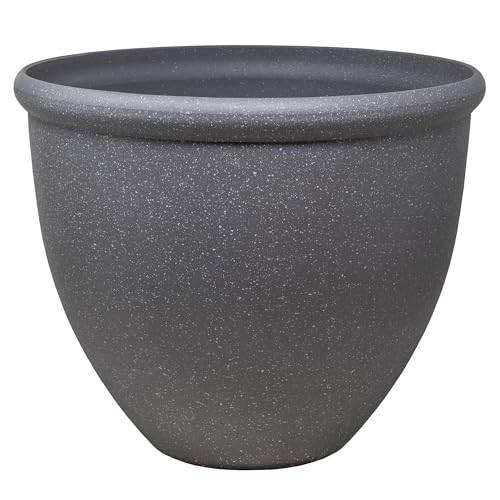 Garden Elements TerraStone Smooth Round Planter Greystone 16in - Classic Indoor/Outdoor Flower Pot with Drainage