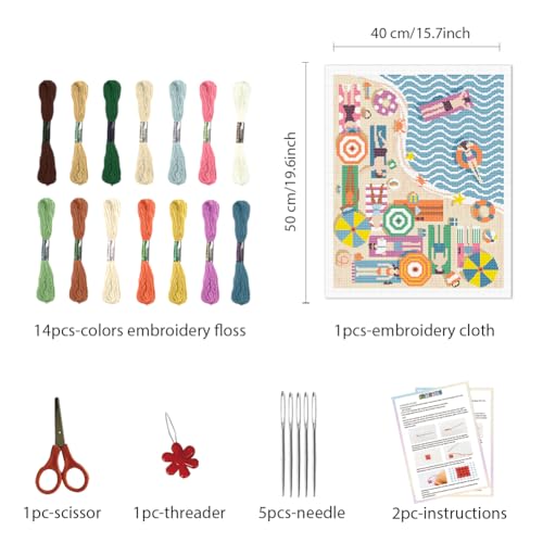 Image of FREEBLOSS Flamingo Cross Stitch Kit Stamped Cross Stitch Wall Hanging Kit for Adults with Instructions On The Beach Pure Cotton Cloth Embroidery Kits for Beginnrs No Frame 16 * 20 inch