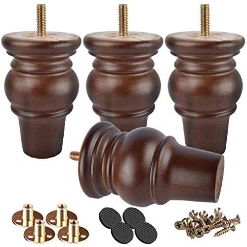 Btowin - Patas de madera maciza de 4 pulgadas, 4 patas de madera torneadas con pernos roscados de 5/16 pulgadas, placa de montaje y tornillos para sofá, silla, sofá biplaza otomano