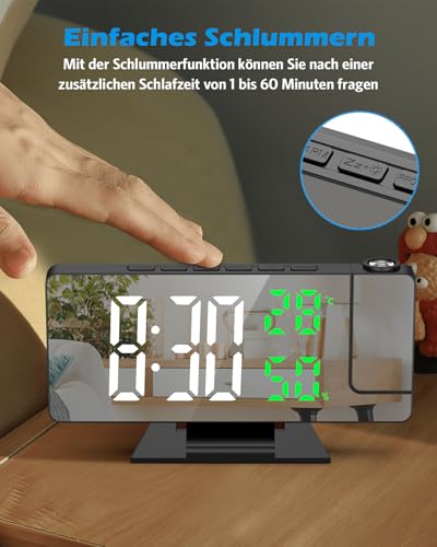 Brifit Projektionswecker, Digital Wecker mit Projektion 180°, Projektionsuhr mit Temperatur und Luftfeuchtigkeit, LED-Spiegelbildschirm, Snooze, Einstellbare Helligkeit, Digitaluhr für Schlafzimmer