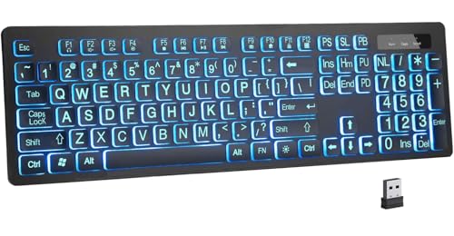 Large Print Backlit Wireless Keyboard, 2.4G Silent Wireless Light Up Keyboard, Full Size Computer Keyboards with 7 Colored Backlits, Rechargeable Keyboards for Windows, PC, Laptop (Black, L)