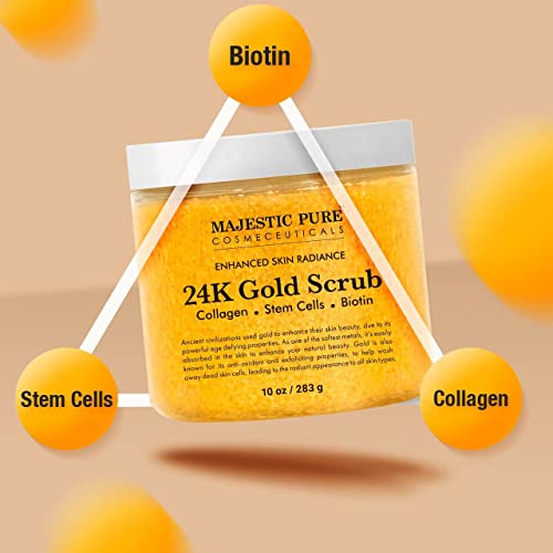 Majestic Pure 24K Gold Scrub - Biotin, Collagen, Vitamine & Stem Cell - Exfoliating Body Scrub, Skin Moisturizer, Pore Cleanser & Body Exfoliator - Natural Skin Care - 24K Scrub For Men & Women - 10Oz #TOP6