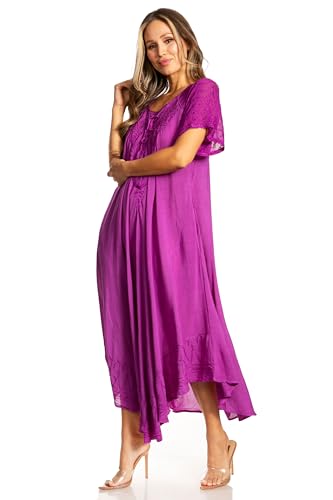 Image of Sakkas Egan Long Embroidered Caftan Dress /Cover Up with Embroidered Cap Sleeves