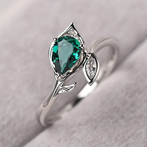 LUO 925 Sterling Silver 7x5mm Teardrop Birthstone Rings for Women, Pear Cut Gemstone Halo Eternity Leaf Jewelry, Anniversary Promise Rings for Her Size 3-132