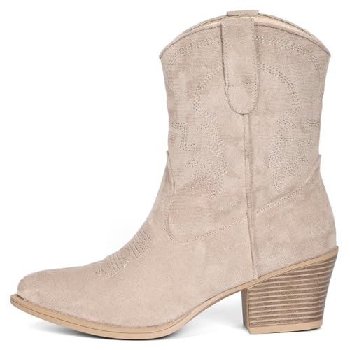 Image of IXU Cowboy Boots for Women Ankle Cowgirl Booties Wide Mid Calf Pointed Toe Western Boots Short Chunky Classic Booties