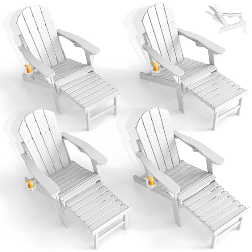GREENVINES Adjustable Adirondack Chair with Retractable Ottoman Set of 4 | Folding | HDPE Plastic | Fire Pit Chairs w/Foot Rest | 2 Cup Holders | Whit