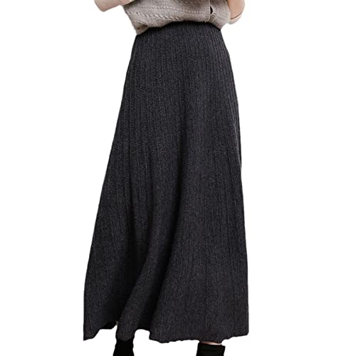 Shouqiao Falda Midi para Mujer Falda Plisada Elegante Falda elástica de Cintura Alta Falda de Punto Engrosada Cómoda Sretchy A-Line Falda Larga, Gris, Talla única
