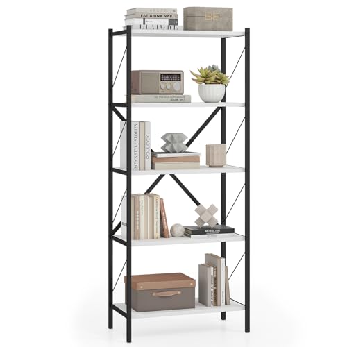 GIANTEX 5-Tier Tall Bookshelf, Industrial Bookcase with Heavy-Duty Metal Frame, Modern Storage Book Shelf, Open Book Holder, Standing Shelving, Plant Display Stand for Living Room, Home Office, White