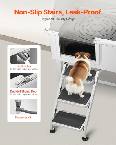 VEVOR Hundewaschstation aus Edelstahl, 961x620x1220 mm, Tierpflegewanne mit Ablagetreppe, Wasserhahn, Duschkopf & Seifenhalter, Hundebadewanne für große, mittelgroße & kleine Haustiere (Linke Tür)