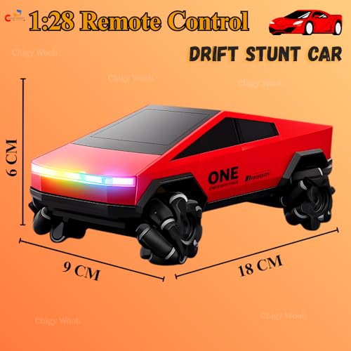 Image of RC Tesla Cyber Truck Style Stunt Car for Kids - 2.4GHz Remote Control Drift & Side Driving Toy | Scale 1:28 | 7 LED Colors of Light with Hand Gesture Control (Random Color)