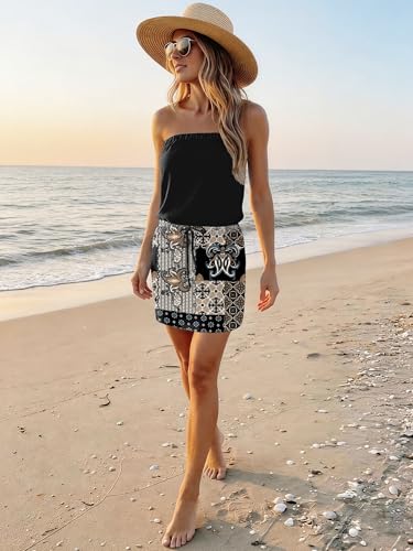 Image of SAUKOLE Summer Dress for Women Strapless Beach Cover Ups Boho Sundress Mini Dress Drawstring Waist with Pockets