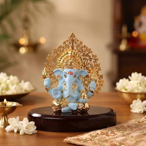 Image of Gold Plated Kalpavrikshya Tree Ganesh Idol Ganpati Murti for Car Dashboard, Office Desk, Hindu God Gift & Home Decor - Resin (Blue) - 3 Inches - Pack of 1