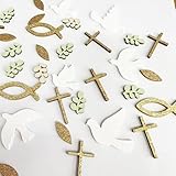 GoldRock Holz Taufe Konfetti Set, 70 Stück, Weiß und Gold Kreuze, Tauben, Fische, Blätter für Religiöse Dekoration