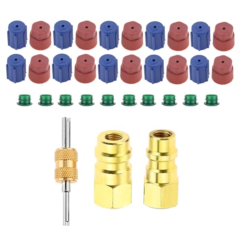 Mtsooning R12 to R134A Conversion Adapter Kit R12 R22 to R134A Fitting Port Retrofit High/Low Pressure 1/4 to 7/16-20 UNF Connection with 20PCS Dust Cap & Core Removal Tool for Car AC Refrigerant