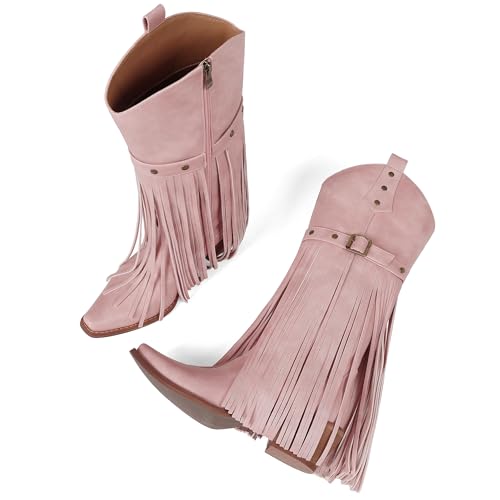 Image of Cowgirl Boots for Women Retro Pointed Toe Pull On Block Chunky Heel Embroide Tassel Country Concert Outfits Mid Calf Western Fringe Cowboy Boots