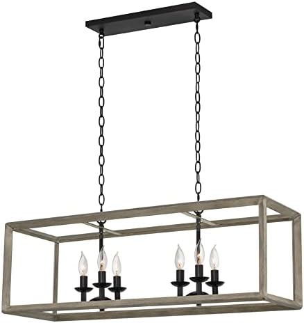 Kira Home Carlton 36" 6-Light Modern Farmhouse Island Light, Rectangle Lantern Pendant Chandelier, Metal Frame Gray Oak Wood Style + Black Finish