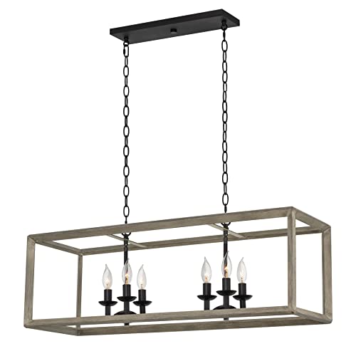 Kira Home Carlton 36" 6-Light Modern Farmhouse Island Light, Rectangle Lantern Pendant Chandelier, Metal Frame Gray Oak Wood Style + Black Finish #TOP13