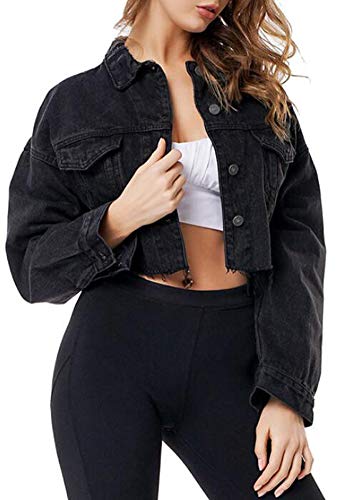 Women's Denim Jacket Distressed Oversized Short Crop Jean Top