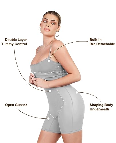 Image of Popilush Bodycon Midi Dress with Built in Shapewear Bra Club Outfits | Light Tummy Control, Spaghetti Straps, Removable Cups, Knee Length, Going Out Summer Dress
