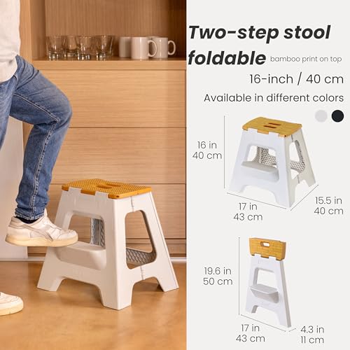 Image of Vigar Compact Folding Step Stool, 16 in 2 Step, Gray Bamboo Print | 16 in Foldable Stool, Lightweight Portable Design, Handle, Non Slip Surface, Space-Saving, Supports up to 330 lb