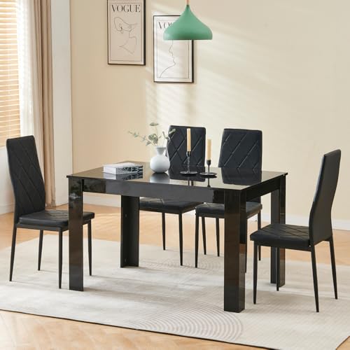 Homullel 5 Piece Dining Room Table and Chairs Set for Dining Room Kitchen, Modern Black High Gloss Dining Table with 4 Black Leather Chairs for Family Dinner Set Space Saving