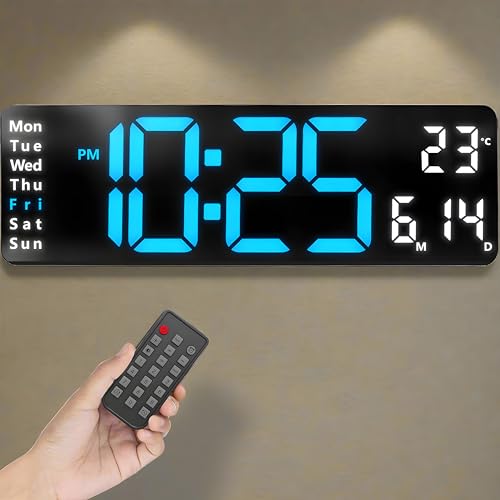 Image of Opis Clock 1XL (Blue/White) - Large Digital Wall Clock with Light Digital Temperature Display - Living Room, Office, Bathroom, Kitchen, Gym, Lobby, Silent