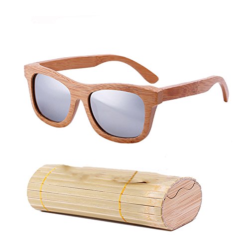 lzndeal Bois Lunettes de Soleil en Bambou Lunettes de Soleil polarisées Lunettes de Protection avec Une boîte pour Femmes Hommes (Argent avec Boîte)